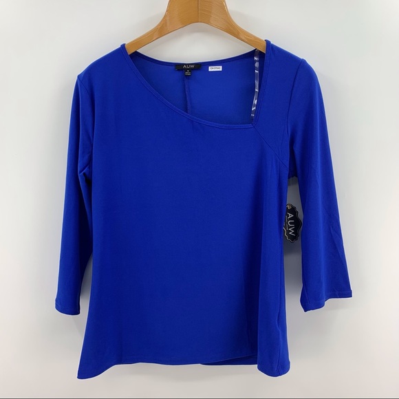 AUW NWT Blue Asymmetrical Neck 3/4 sleeve Top, Medium - Picture 12 of 16